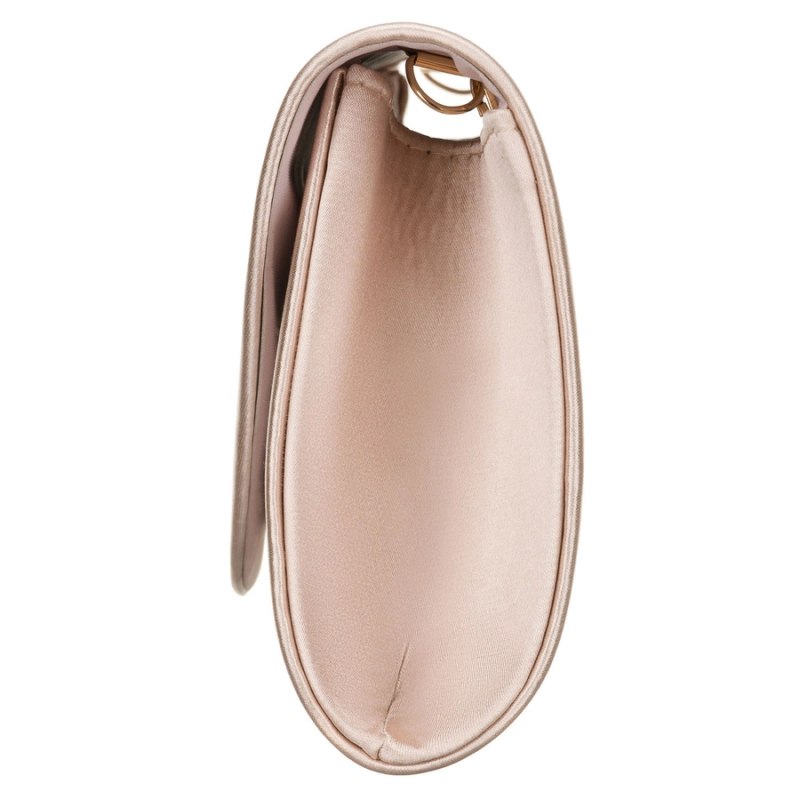 Elegancka kopertówka damska w beżowym kolorze wykonana z tkaniny syntetycznej i zawieszona na łańcuszku - Rovicky