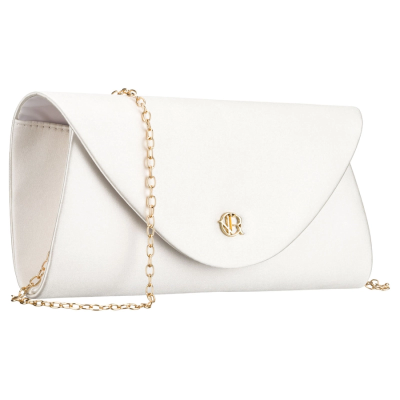 Biała kopertówka damska wykonana z tkaniny syntetycznej zawieszona na łańcuszku - Rovicky