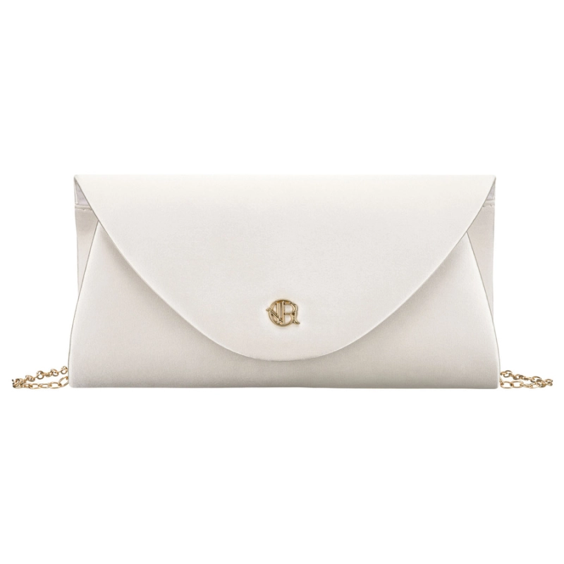 Biała kopertówka damska wykonana z tkaniny syntetycznej zawieszona na łańcuszku - Rovicky
