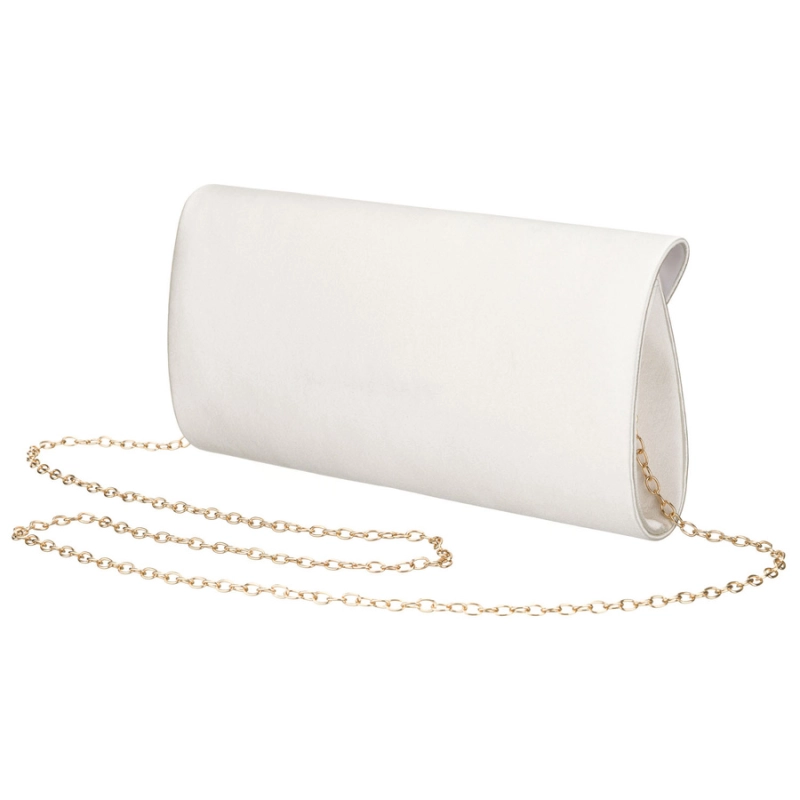 Biała kopertówka damska wykonana z tkaniny syntetycznej zawieszona na łańcuszku - Rovicky