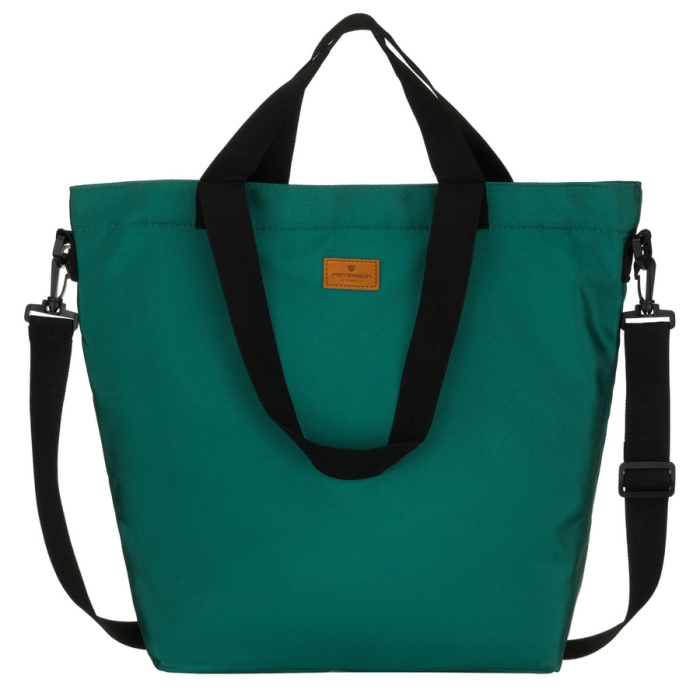 Pojemna ciemnozielona shopperka damska z poliestru, zawieszona na uchwytach i doczepianym pasku - Peterson