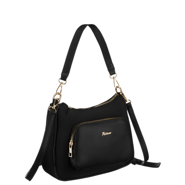 Modna czarna listonoszka damska z nylonu i skóry ekologicznej zawieszona na uchwytach i dopinanym pasku - Peterson