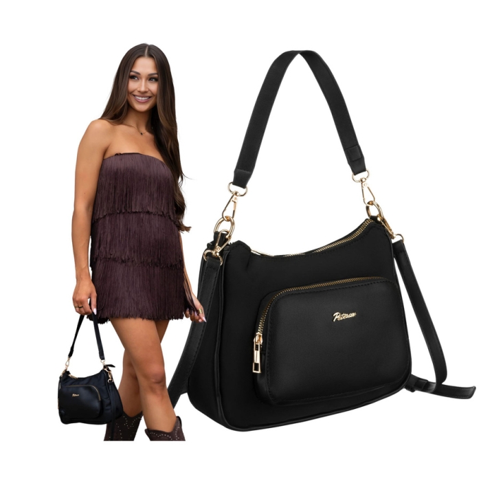 Modna czarna listonoszka damska z nylonu i skóry ekologicznej zawieszona na uchwytach i dopinanym pasku - Peterson