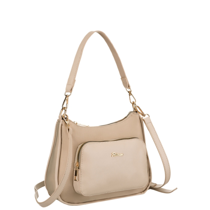 Modna beżowa listonoszka damska z nylonu i skóry ekologicznej zawieszona na uchwytach i dopinanym pasku - Peterson