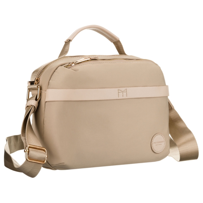 Wygodna listonoszka damska z nylonu w beżowym kolorze, jednokomorowa i zamykana suwakiem - Peterson