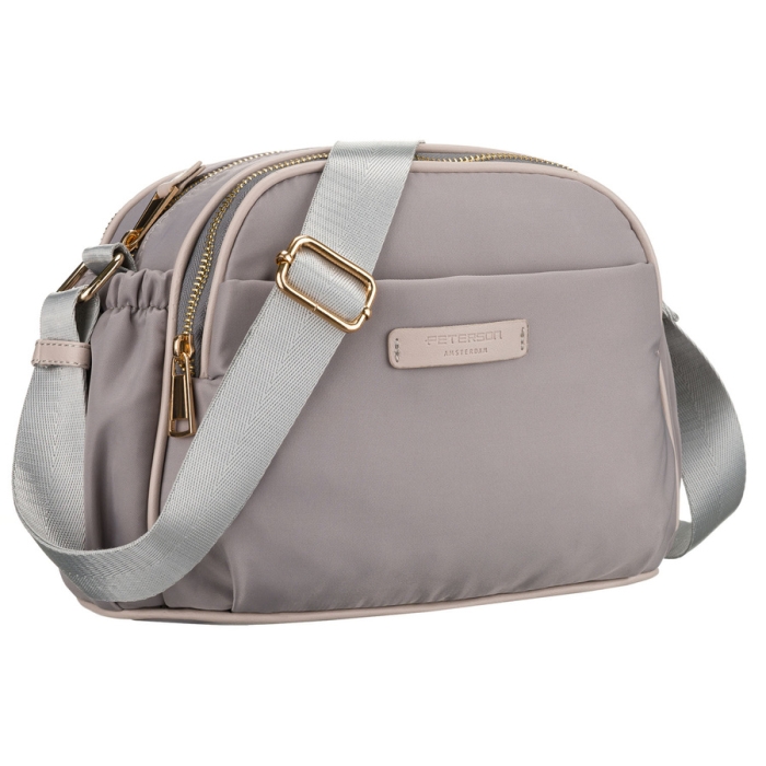 Stylowa nylonowa listonoszka damska w szarym kolorze, zamykana suwakiem i klipsem magnetycznym - Peterson