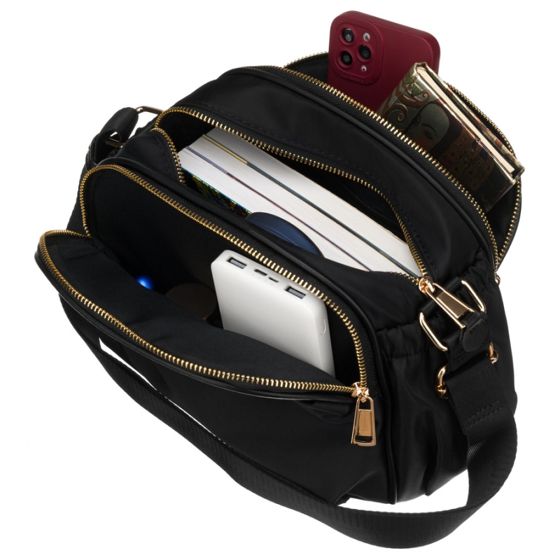 Stylowa nylonowa, czarna listonoszka damska, jednokomorowa z sześcioma kieszeniami - Peterson