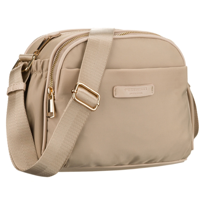 Stylowa nylonowa, beżowa listonoszka damska z sześcioma dodatkowymi kieszeniami - Peterson