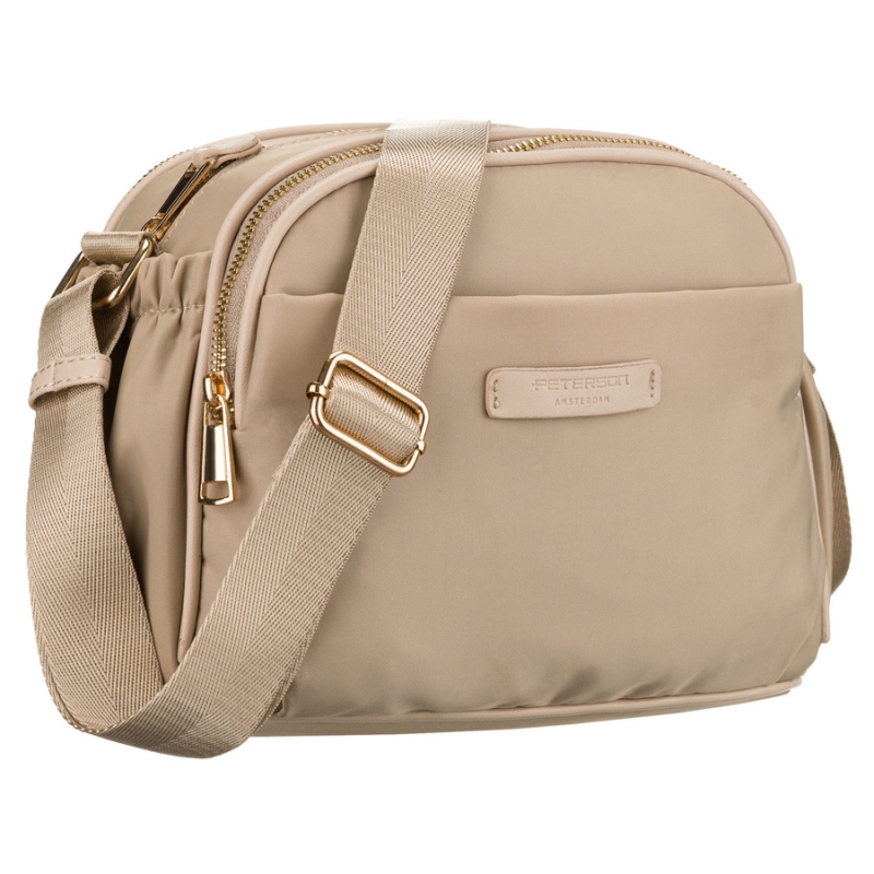 Stylowa nylonowa, beżowa listonoszka damska z sześcioma dodatkowymi kieszeniami - Peterson