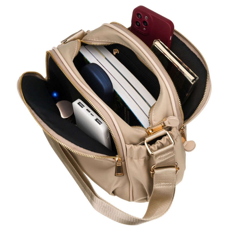 Stylowa nylonowa, beżowa listonoszka damska z sześcioma dodatkowymi kieszeniami - Peterson