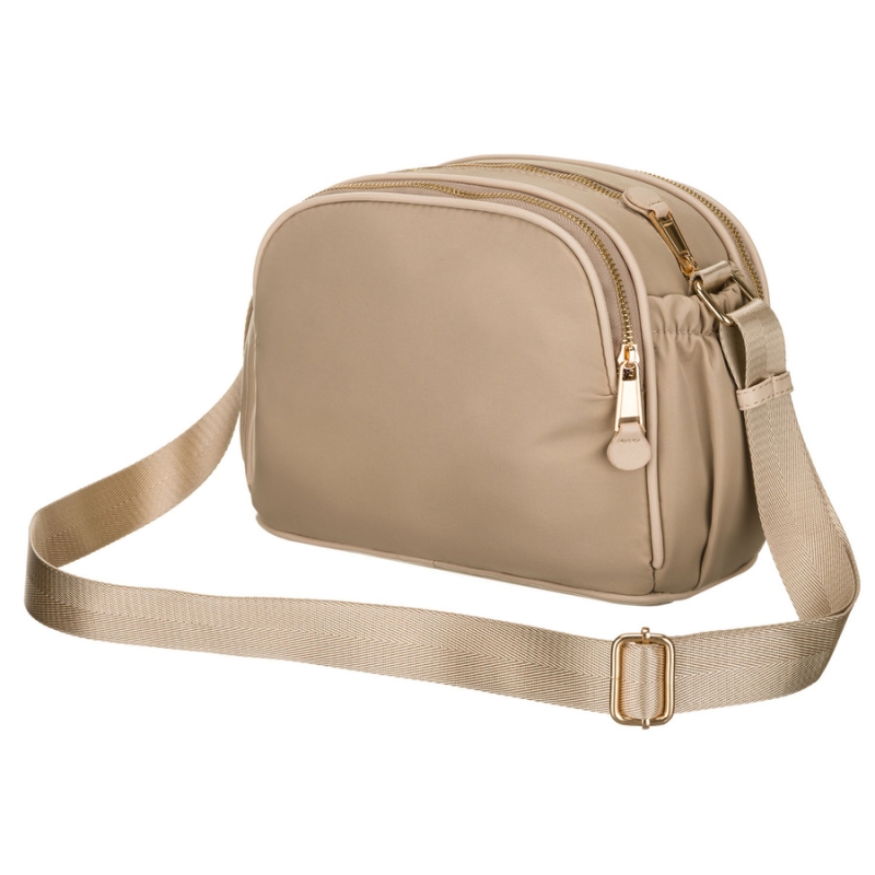 Stylowa nylonowa, beżowa listonoszka damska z sześcioma dodatkowymi kieszeniami - Peterson