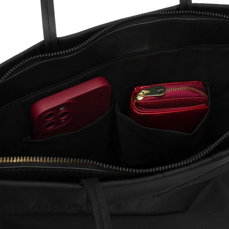 Miejska czarna, duża shopperka damska z nylonu, mieszcząca format A4 i zamykana klipsem magnetycznym - Peterson