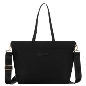 Miejska czarna, duża shopperka damska z nylonu, mieszcząca format A4 i zamykana klipsem magnetycznym - Peterson