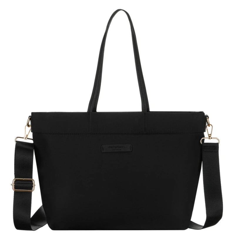 Miejska czarna, duża shopperka damska z nylonu, mieszcząca format A4 i zamykana klipsem magnetycznym - Peterson