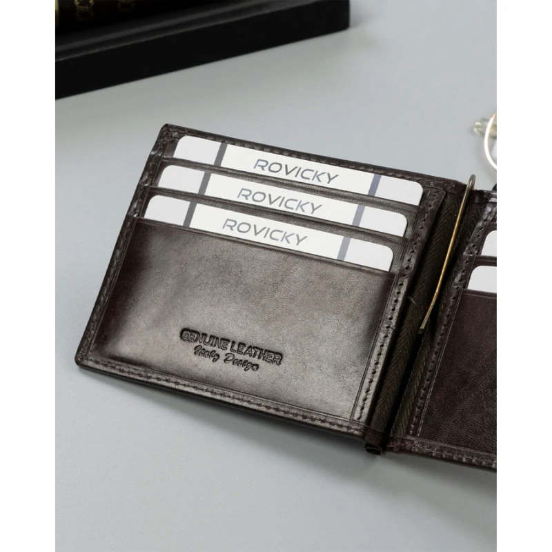 Skórzana banknotówka męska w brązowym kolorze z systemem RFID - Rovicky