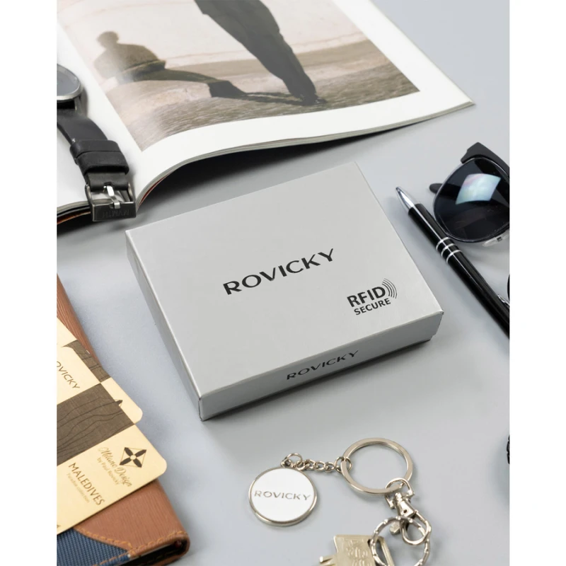 Skórzana banknotówka męska w brązowym kolorze z systemem RFID - Rovicky