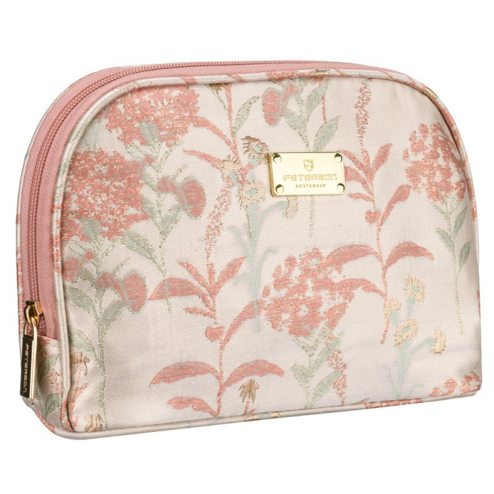 Kosmetyczka podróżna z materiału syntetycznego w różowo-beżowym kolorze zdobiona kwiatami - Peterson
