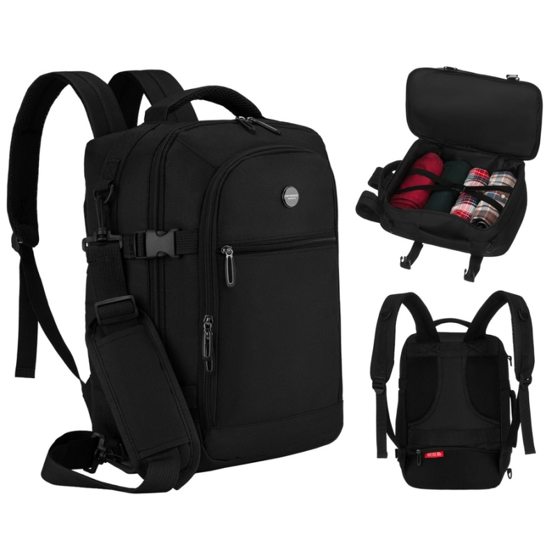 Podróżny plecak z poliestru w czarnym kolorze, dwukomorowy i idealny na bagaż podręczny - Peterson