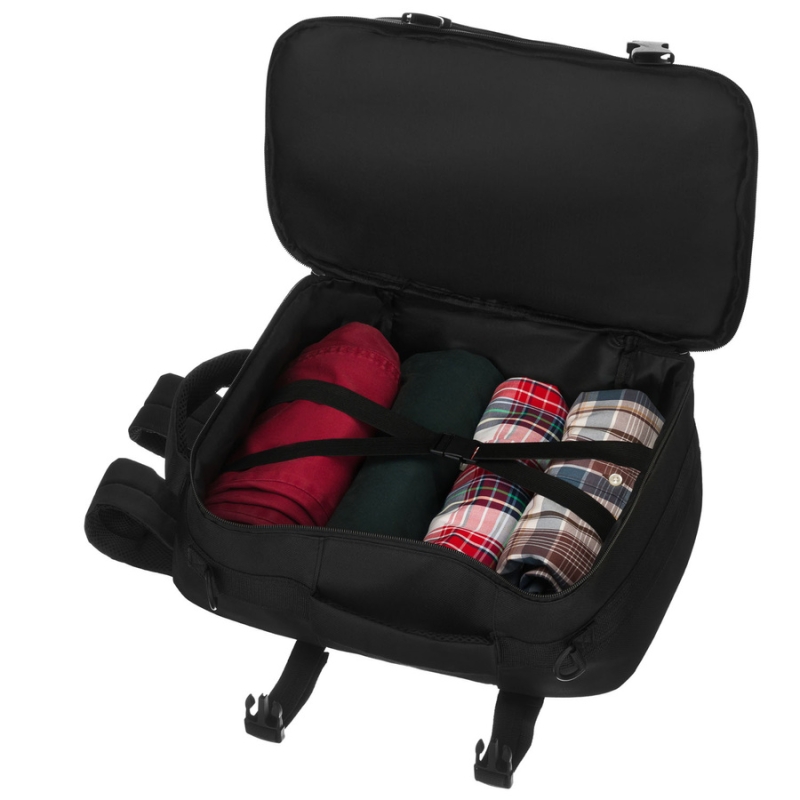 Podróżny plecak z poliestru w czarnym kolorze, dwukomorowy i idealny na bagaż podręczny - Peterson