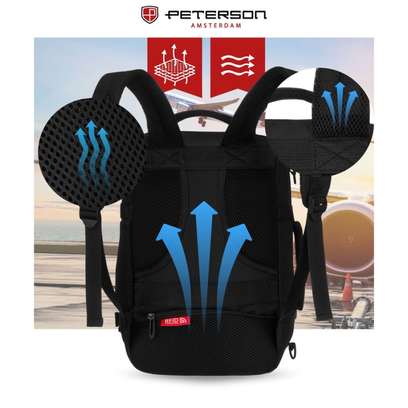 Podróżny plecak z poliestru w czarnym kolorze, dwukomorowy i idealny na bagaż podręczny - Peterson