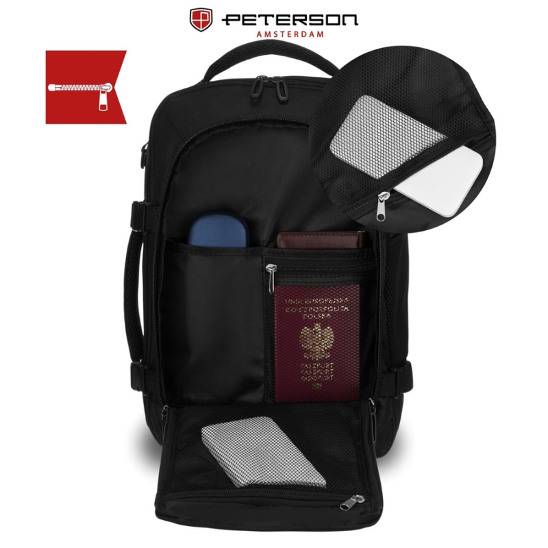Podróżny plecak z poliestru w czarnym kolorze, dwukomorowy i idealny na bagaż podręczny - Peterson