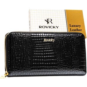 Lakierowany portfel w typie piórnika ze skóry naturalnej w czarnym kolorze zamykany na suwak - Rovicky