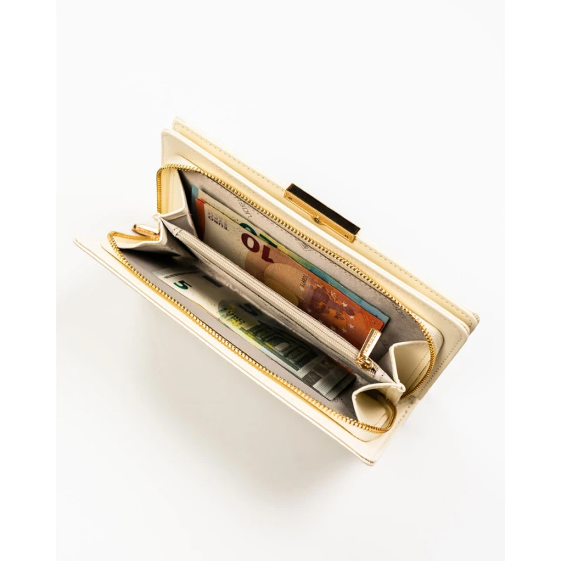 Portfel damski ze skóry ekologicznej w kolorze ecru zamykany na zatrzask i suwak - Peterson