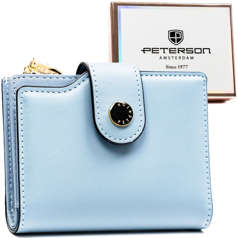 Średni portfel damski ze skóry ekologicznej w niebieskim kolorze, mieści dowód rejestracyjny - Peterson