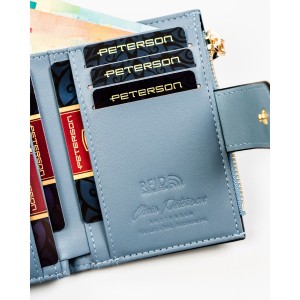 Średni portfel damski ze skóry ekologicznej w niebieskim kolorze, mieści dowód rejestracyjny - Peterson