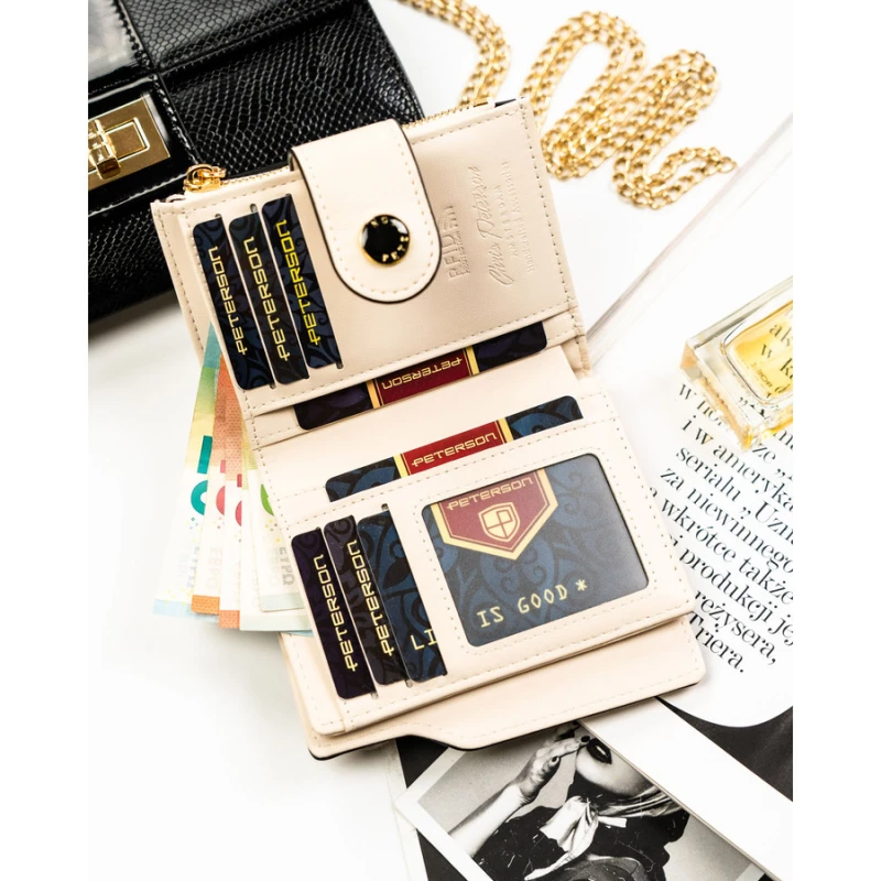 Średni portfel damski ze skóry ekologicznej w beżowym kolorze, mieści dowód rejestracyjny - Peterson