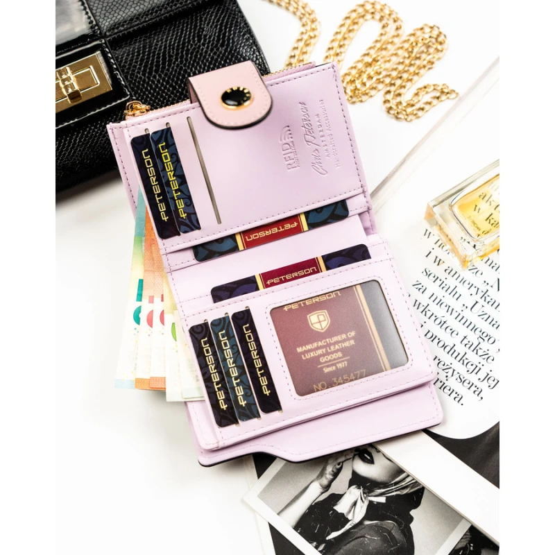 Różowy portfel damski ze skóry ekologicznej z systemem RFID - Peterson