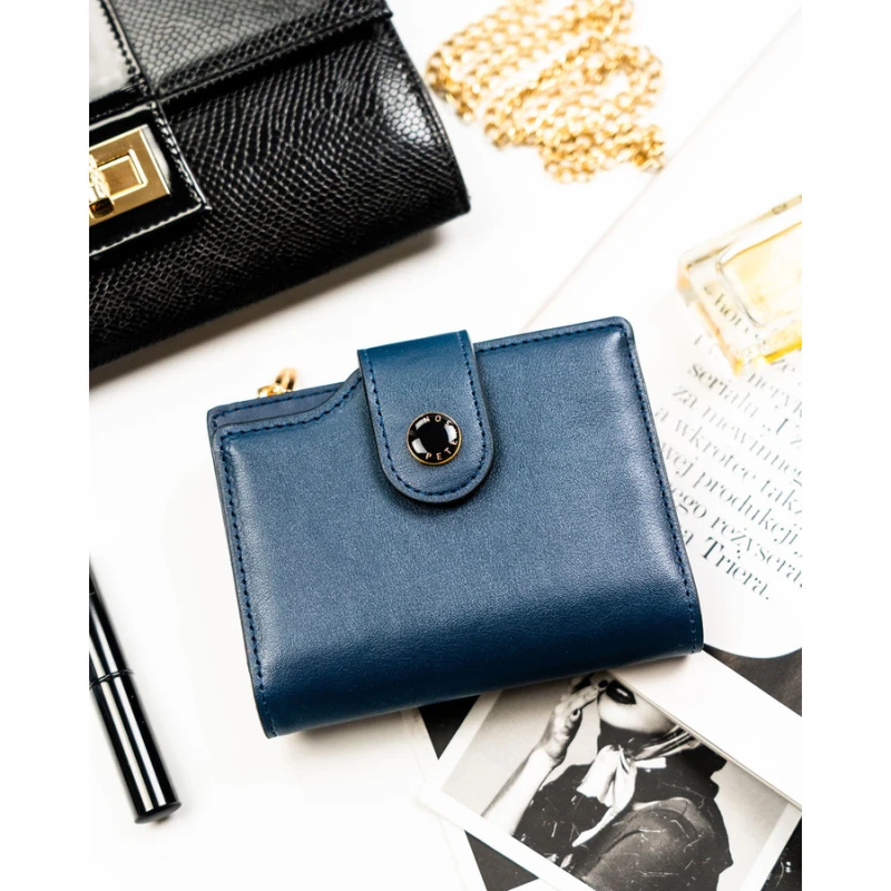 Granatowy portfel damski ze skóry ekologicznej z systemem RFID - Peterson