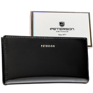Duży portfel damski ze skóry ekologicznej w czarnym kolorze zamykany suwakiem i zatrzaskiem - Peterson