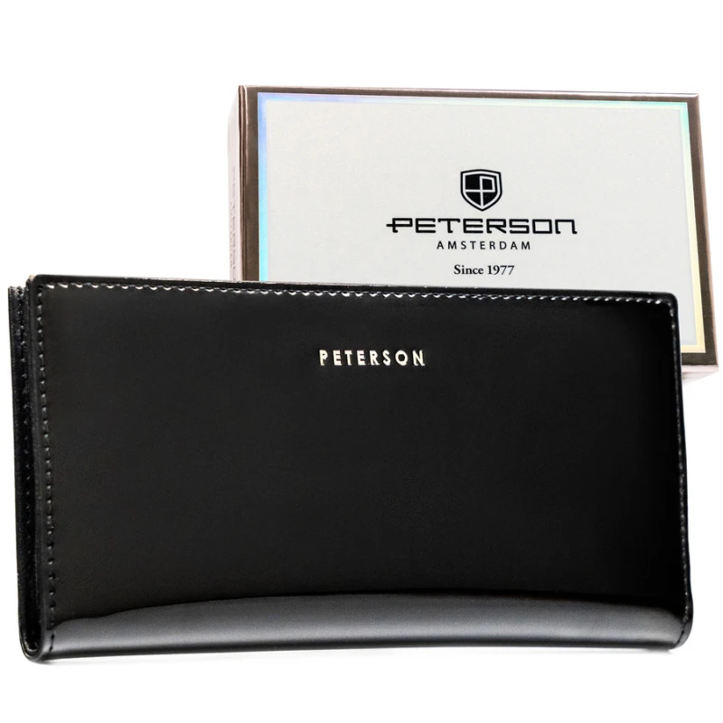 Duży portfel damski ze skóry ekologicznej w czarnym kolorze zamykany suwakiem i zatrzaskiem - Peterson