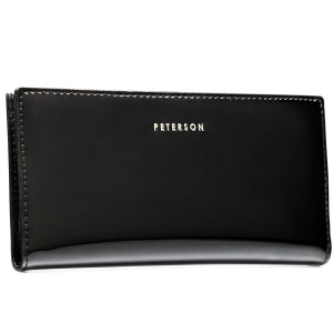 Duży portfel damski ze skóry ekologicznej w czarnym kolorze zamykany suwakiem i zatrzaskiem - Peterson