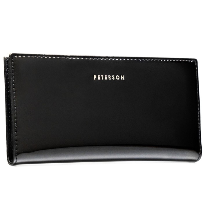 Duży portfel damski ze skóry ekologicznej w czarnym kolorze zamykany suwakiem i zatrzaskiem - Peterson
