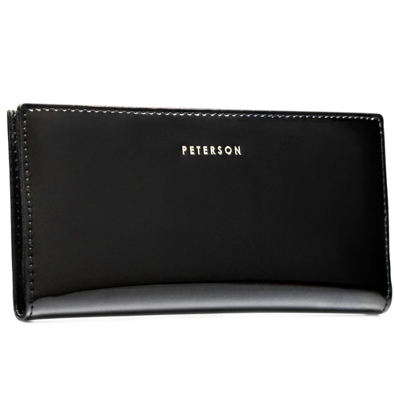 Duży portfel damski ze skóry ekologicznej w czarnym kolorze zamykany suwakiem i zatrzaskiem - Peterson