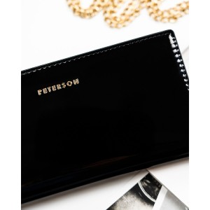 Duży portfel damski ze skóry ekologicznej w czarnym kolorze zamykany suwakiem i zatrzaskiem - Peterson