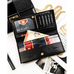 Duży portfel damski ze skóry ekologicznej w czarnym kolorze zamykany suwakiem i zatrzaskiem - Peterson