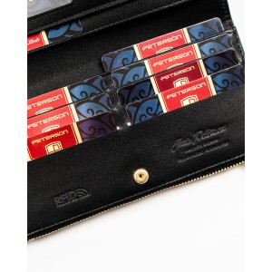 Duży portfel damski ze skóry ekologicznej w czarnym kolorze zamykany suwakiem i zatrzaskiem - Peterson