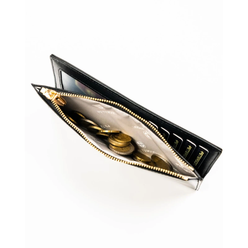 Duży portfel damski ze skóry ekologicznej w czarnym kolorze zamykany suwakiem i zatrzaskiem - Peterson