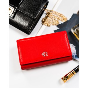 Duży skórzany portfel damski w czerwonym kolorze z wewnętrzną kieszonką na suwak - Rovicky