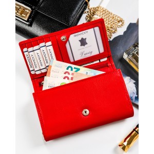 Duży skórzany portfel damski w czerwonym kolorze z wewnętrzną kieszonką na suwak - Rovicky