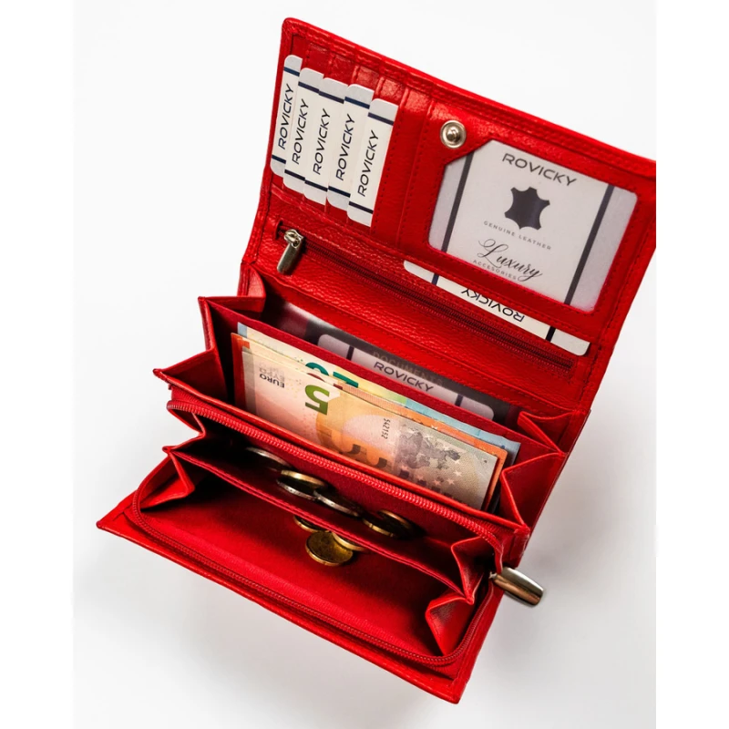 Duży skórzany portfel damski w czerwonym kolorze z wewnętrzną kieszonką na suwak - Rovicky