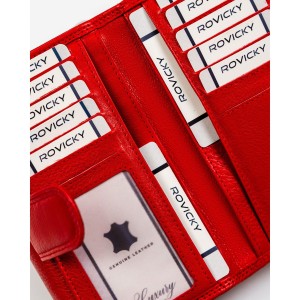 Duży skórzany portfel damski w czerwonym kolorze z wewnętrzną kieszonką na suwak - Rovicky