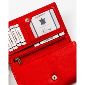 Duży skórzany portfel damski w czerwonym kolorze z wewnętrzną kieszonką na suwak - Rovicky