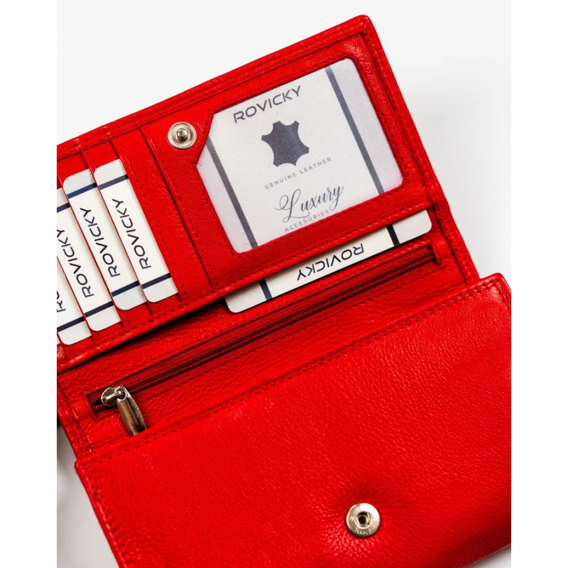 Duży skórzany portfel damski w czerwonym kolorze z wewnętrzną kieszonką na suwak - Rovicky