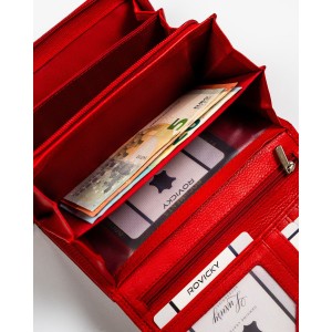 Duży skórzany portfel damski w czerwonym kolorze z wewnętrzną kieszonką na suwak - Rovicky