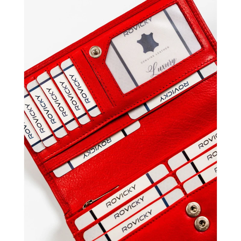 Pojemny, skórzany portfel damski o klasycznym designie w czerwonym kolorze - Rovicky