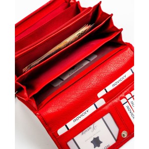 Pojemny, skórzany portfel damski o klasycznym designie w czerwonym kolorze - Rovicky